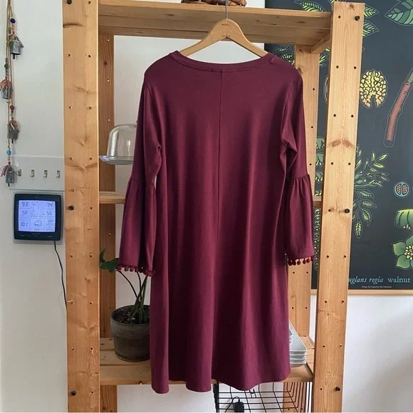 Johnny Was Calme Burgundy Red Flute Sleeve Pom Pom Swing Dress Small - Picture 4 of 14